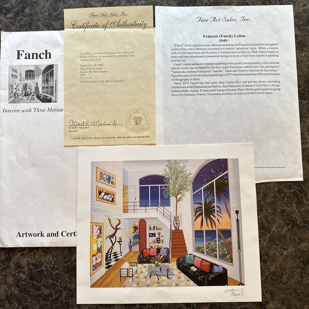 Fanch Seriolithograph Signed Interior With Three Matisse Art Print 1999 9x7 1/4”